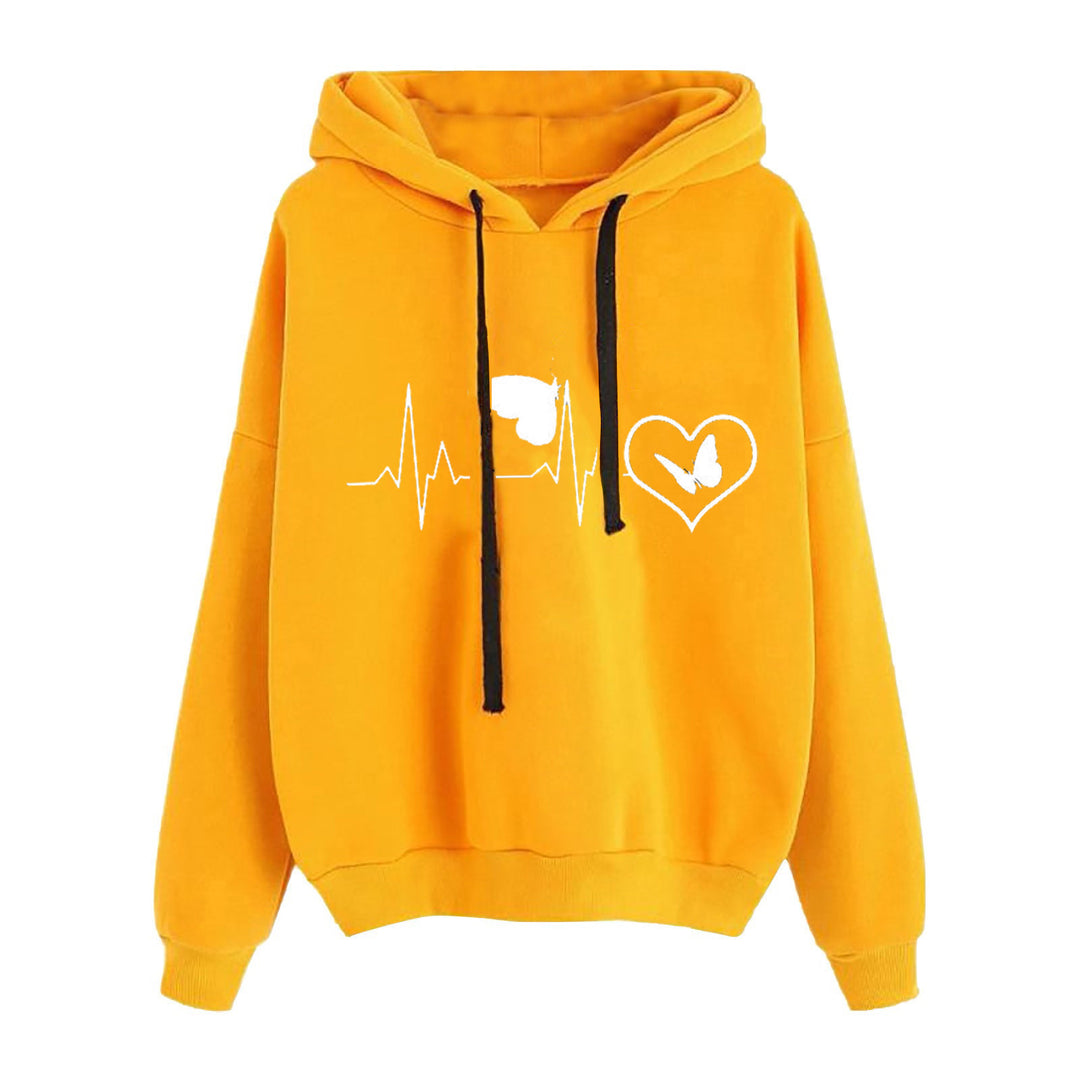 Damen leichter Oversize Kapuzenpullover mit Herz‑EKG‑Motiv, langen Kordeln und elastischem Bund – Auréline