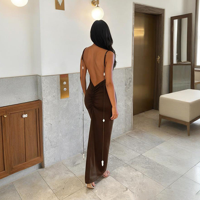 Damen Körperbetontes Maxikleid mit tiefem Rückenausschnitt und Rüschendetails Echo Archiv