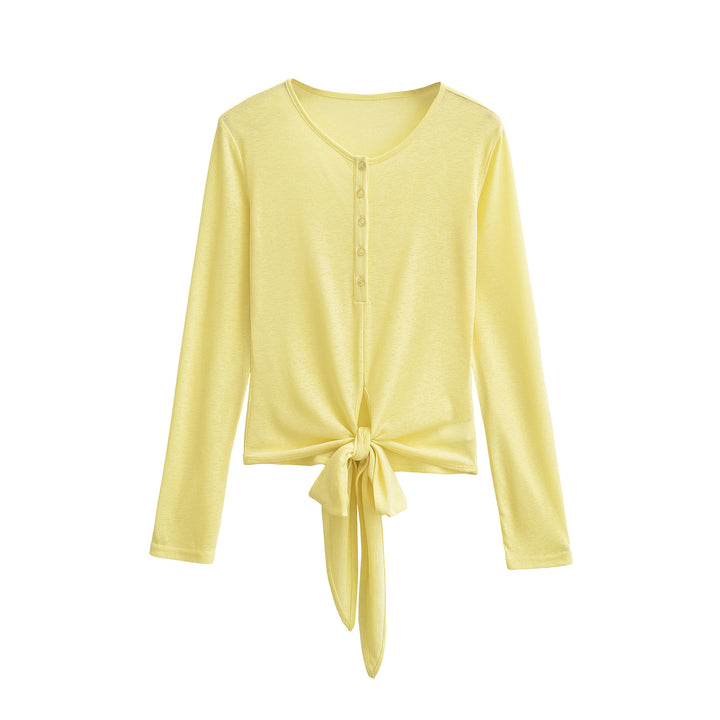 Damen Langarm-Henley-Top mit Knotenfront und Knopfleiste Echoarchiv