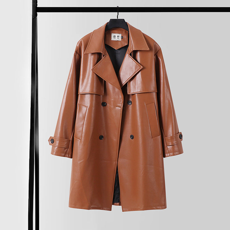 Herren Lederimitat-Trenchcoat mit Doppelreiher, Oversize-Schnitt und Manschettenriegel Echoarchiv