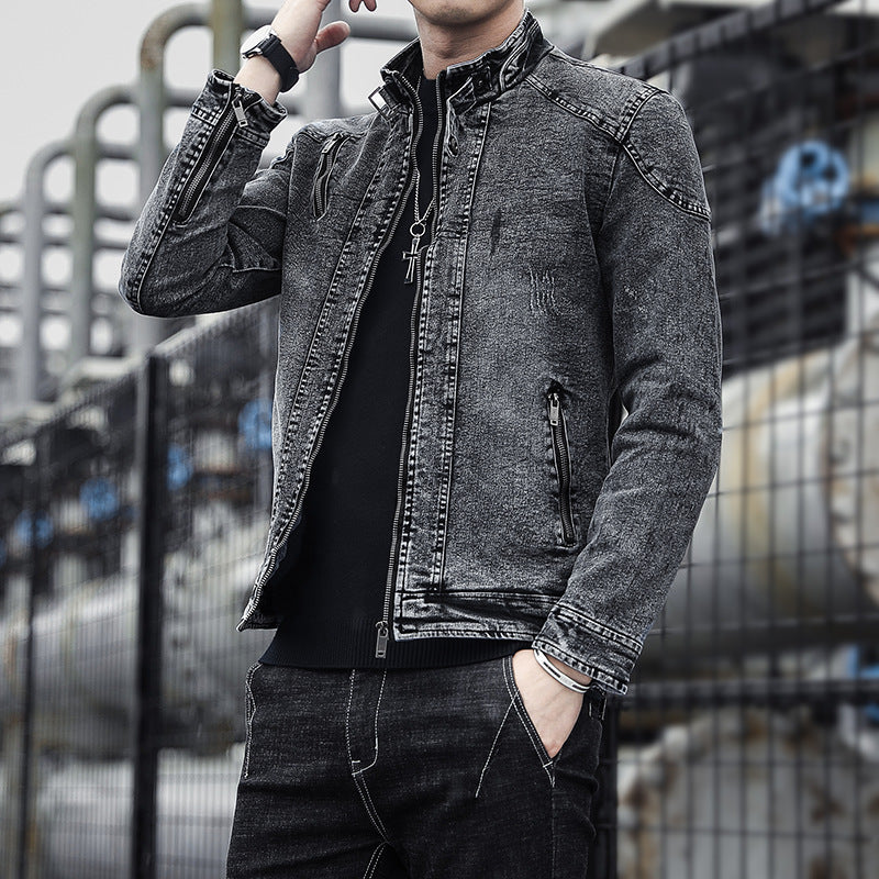 Herren Denim-Utility-Blouson mit hochschließendem Stehkragen und Zipper-Taschen – Denvaro