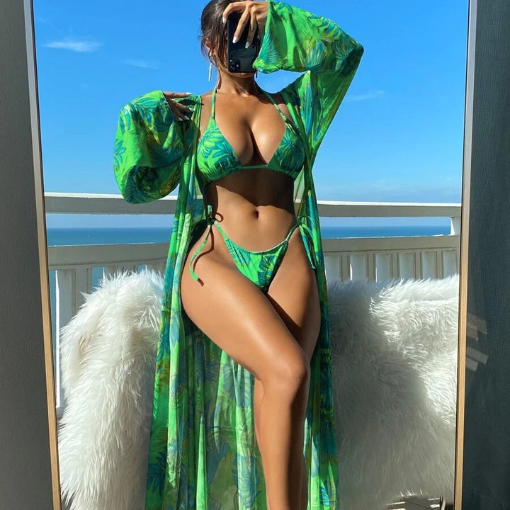 Damen Bikini-Set mit transparentem Kaftan und floralem Design Echo Archiv