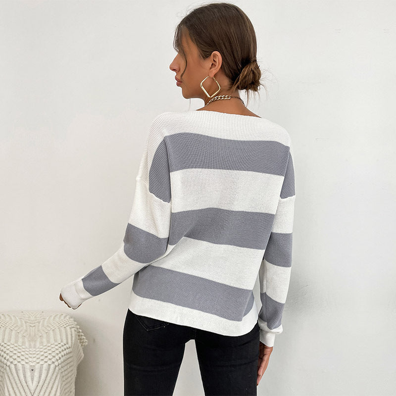 Damen Leichter Oversize‑Strickpullover mit V‑Ausschnitt und breitem Streifenmuster Echoarchiv