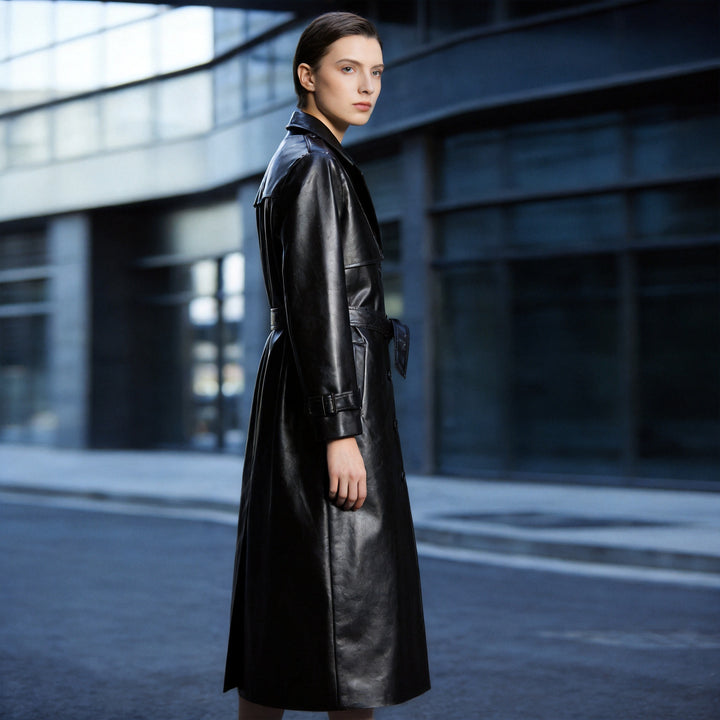 Damen Langer Lederoptik-Trenchcoat mit taillierendem Bindegürtel und Epauletten Echo Archiv