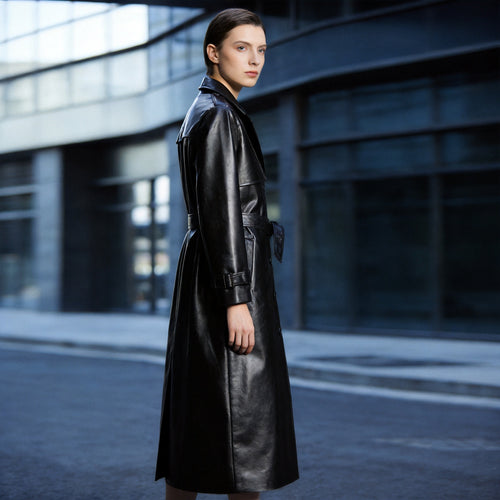 Damen Langer Lederoptik-Trenchcoat mit taillierendem Bindegürtel und Epauletten Echo Archiv