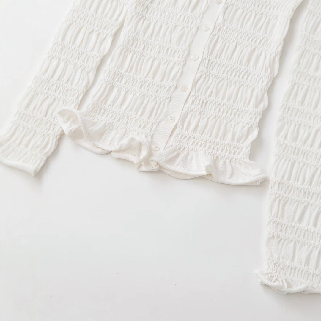 Damen Gesmoktes Feinstrick-Cardigan mit Rüschenabschluss und Knopfleiste Echo Archiv