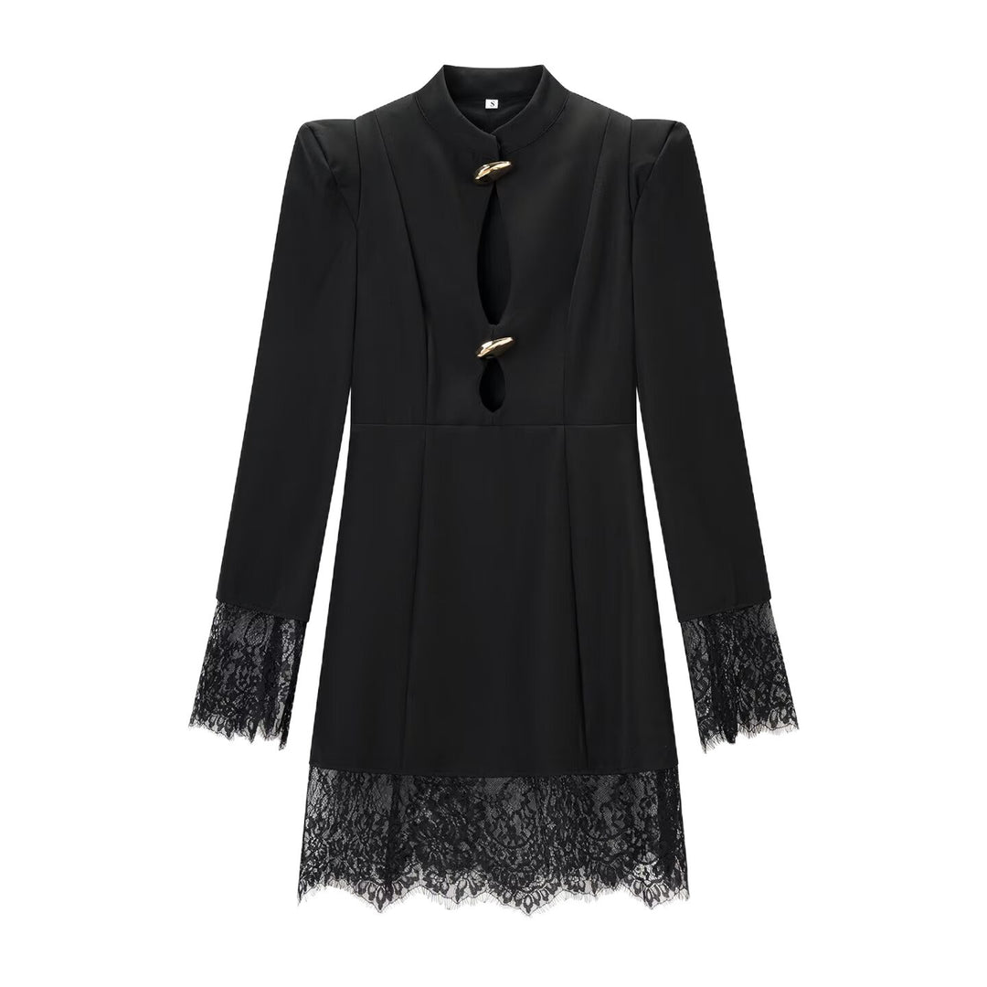 Damen Elegantes Mini-Kleid mit Spitzenbesatz, Stehkragen und dekorativen Schmuckverschlüssen Echoarchiv