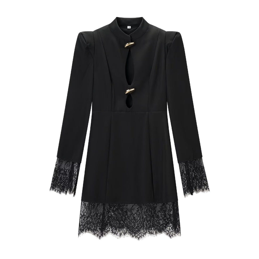 Damen Elegantes Mini-Kleid mit Spitzenbesatz, Stehkragen und dekorativen Schmuckverschlüssen Echoarchiv