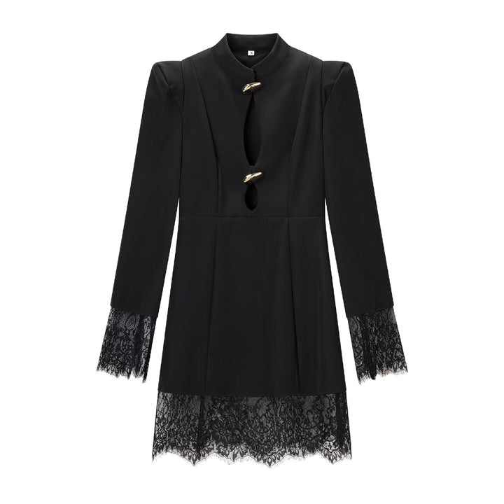 Damen Elegantes Mini-Kleid mit Spitzenbesatz, Stehkragen und dekorativen Schmuckverschlüssen Echoarchiv