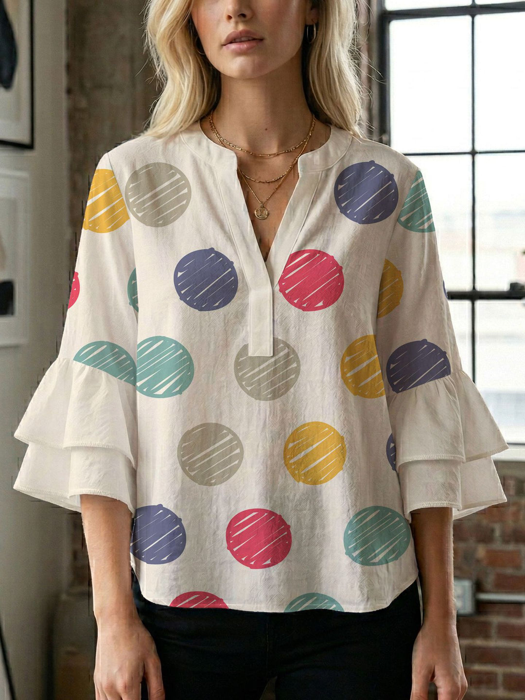 Damen Bluse mit voluminösen Flügelärmel und intensivem Blattmuster Echo Archiv