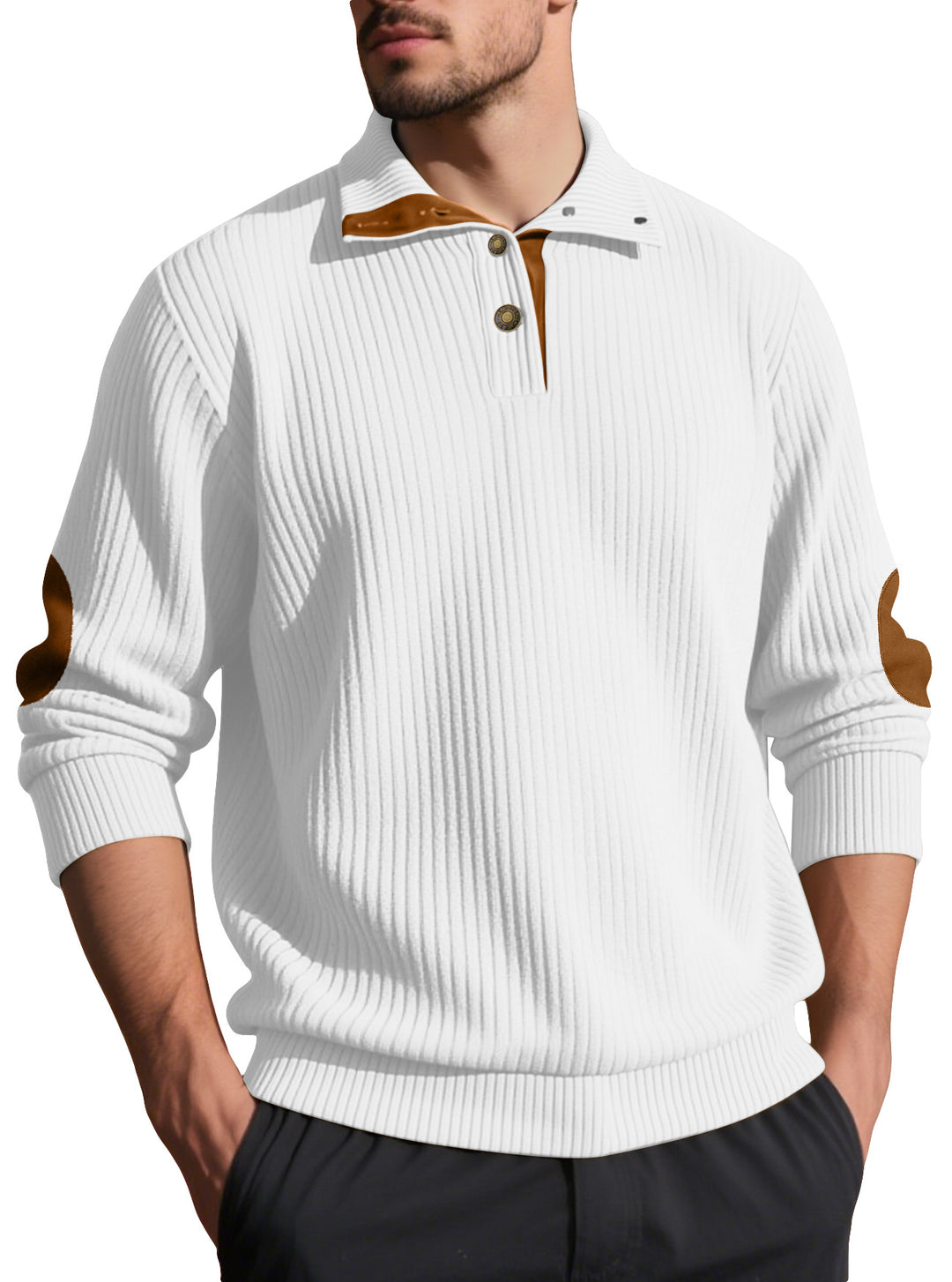 Herren nan Rippstrick-Halbknopf-Pullover mit Kentkragen und Lederbesatz Echo Archiv