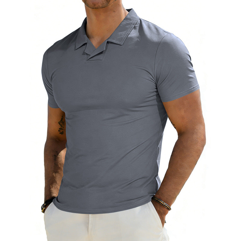 Herren nan schmal geschnittenes Kurzarm-Polo mit offenem Hemdkragen und elastischem Baumwollstretch Echo Archiv