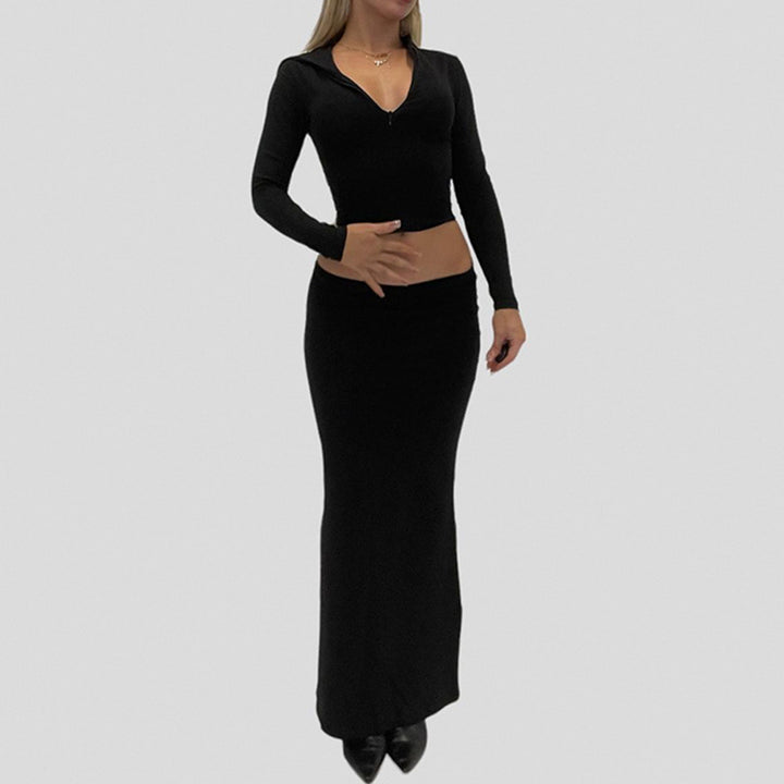 Damen Zweiteiliges Midriff-Set aus Stretchjersey mit V-Ausschnitt Crop-Top und taillenbetontem Maxi-Rock – Élanora