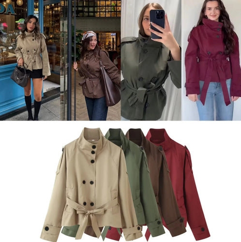 Damen 400+ kurzer taillierter Trenchblouson mit Stehkragen, doppelreihiger Knopfleiste und Bindegürtel Echo Archiv