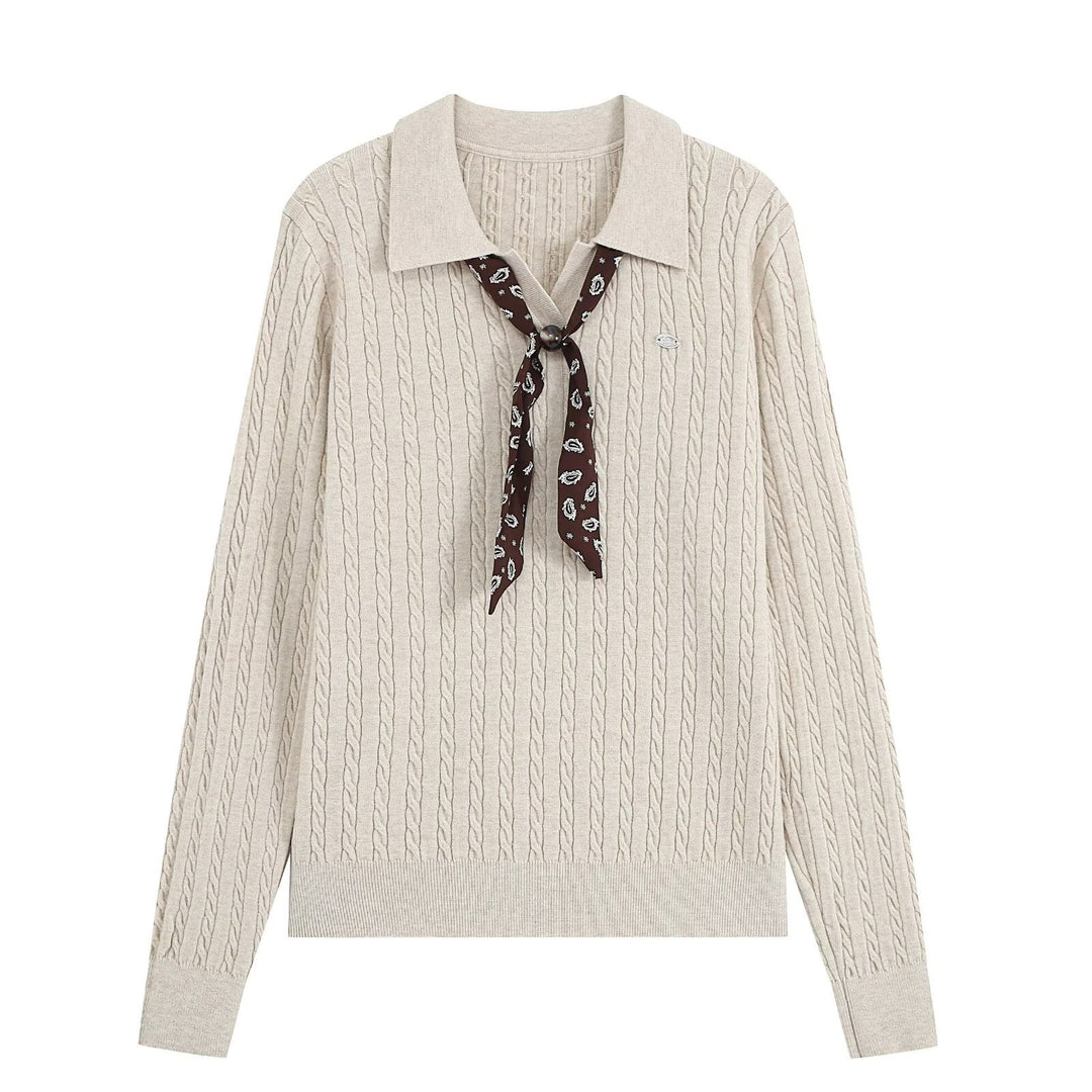 Damen Strickpullover mit Troyer‑Kragen und Zierkrawatte Echoarchiv