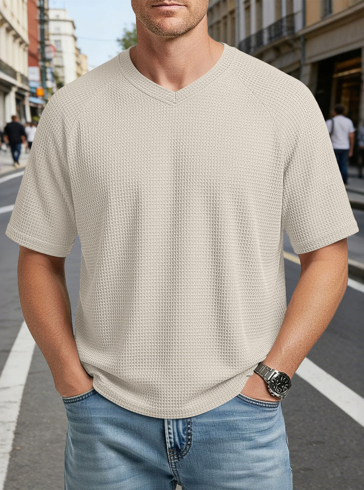 Herren nan lässiges V-Ausschnitt Waffelstrick-T-Shirt aus atmungsaktivem Baumwollmix Echo Archiv