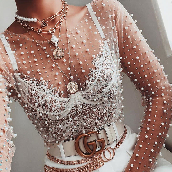 Damen glitzerndes Langarm-Top mit Strassverzierungen Echo Archiv