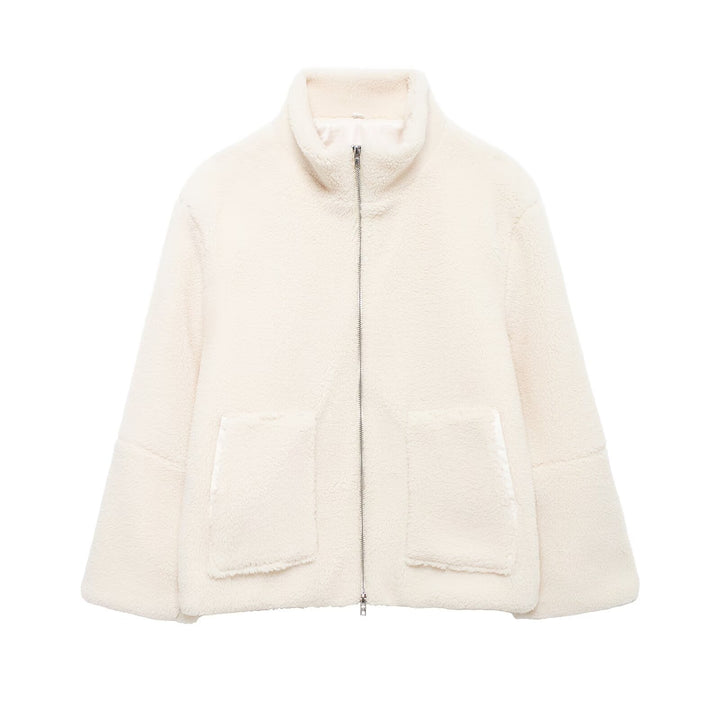 Damen Teddy-Fleece-Jacke mit Stehkragen und Lederoptik-Details Echo Archiv
