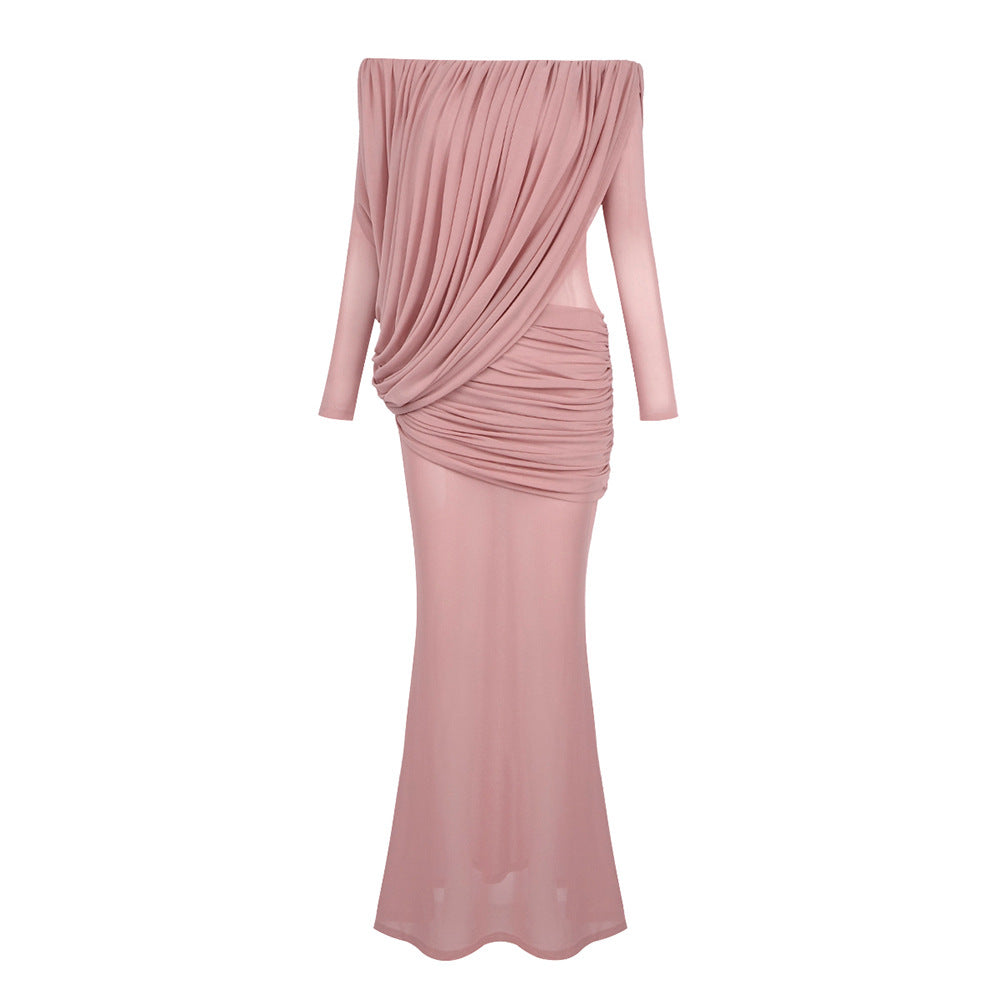 Damen Langarm Maxikleid mit Drapier-Design und schulterfreiem Ausschnitt Echo Archiv