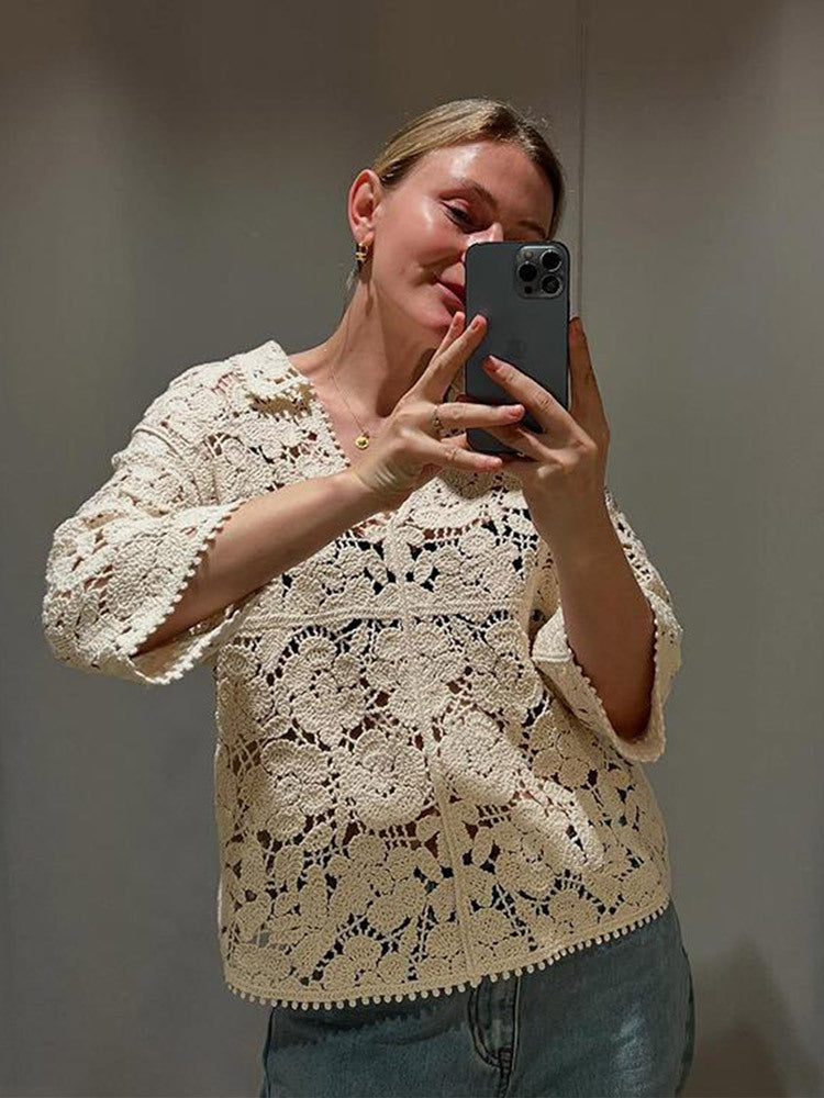 Damen Gehäkelte Bluse mit floralem Ajourmuster und dreiviertel Ärmeln Echoarchiv