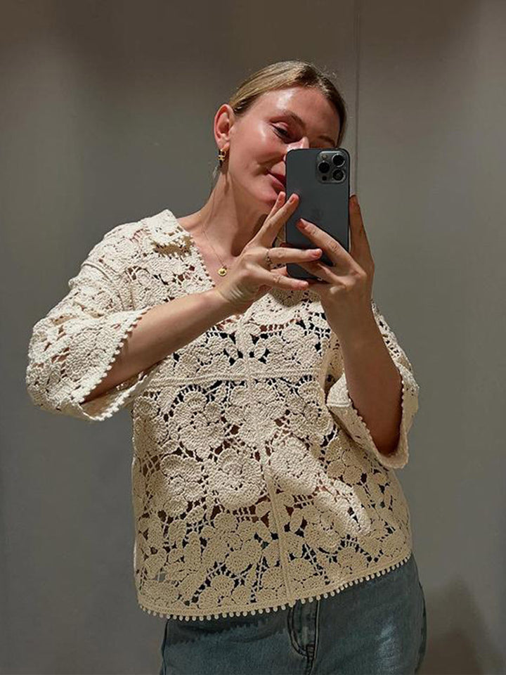 Damen Gehäkelte Bluse mit floralem Ajourmuster und dreiviertel Ärmeln Echoarchiv