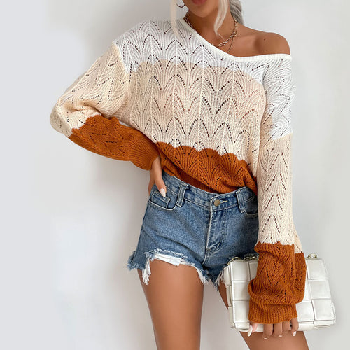 Damen Oversize-Ajourstrickpullover mit Carmen-Ausschnitt, Ballonärmeln und geripptem Saum Echoarchiv