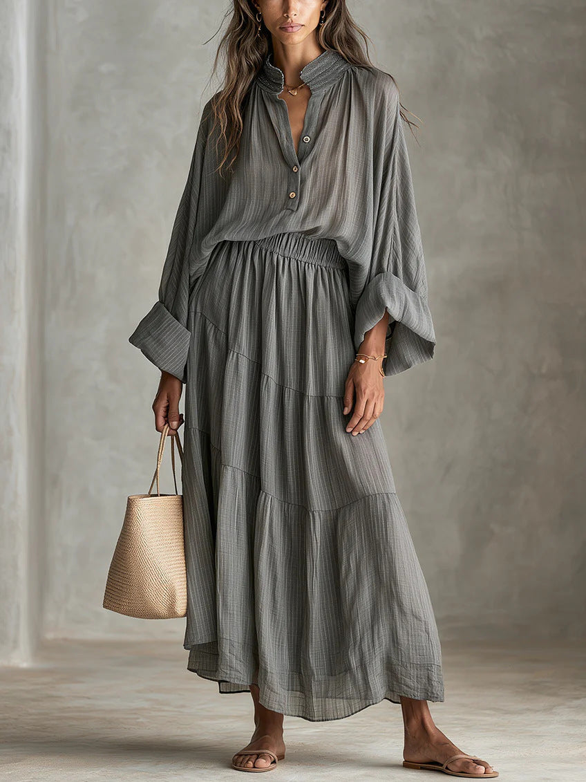 Damen Maxikleid mit geraffter Taille, Stehkragen und voluminösen Ballonärmeln Echoarchiv