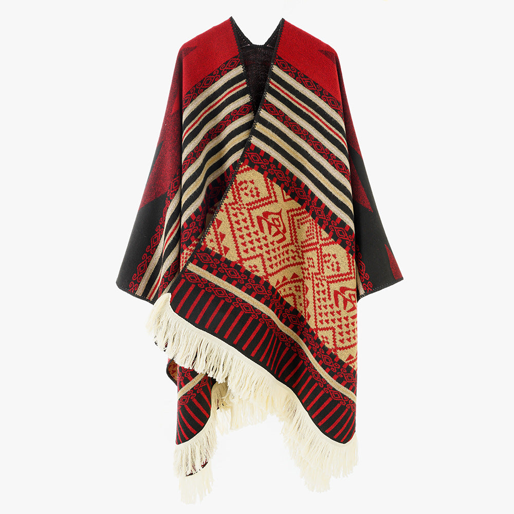 Damen Gewebter Jacquard-Poncho mit V-Ausschnitt, Ethno‑Print und Fransen – Avérine