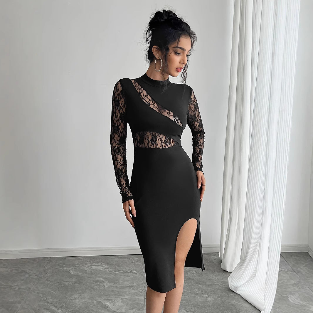 Damen nan elegantes Etuikleid mit Spitzenärmeln, transparentem Tailleneinsatz und hohem Seitenschlitz Echo Archiv