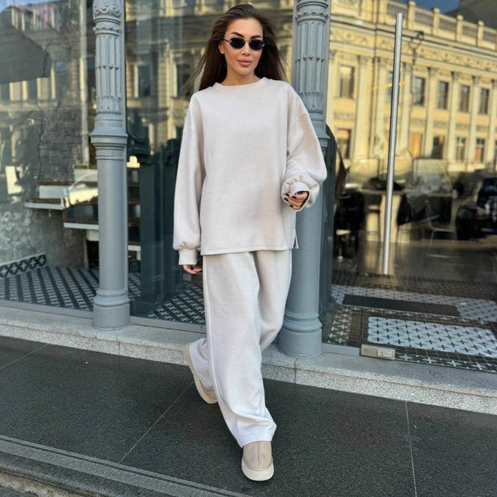 Damen Weiches Oversized-Strick-Loungewear-Set mit legerem Rundhals-Pullover und weiter Komforthose – Mavelle