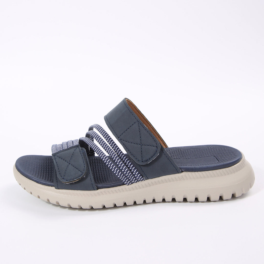 Damen Komfort-Pantolette mit verstellbaren Klettriemen, elastischen Zierbändern und stoßdämpfender Profilsohle Echo Archiv