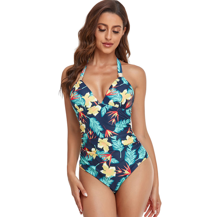 Damen einteiliger Badeanzug mit elegantem V-Ausschnitt und floralen Akzenten Echo Archiv