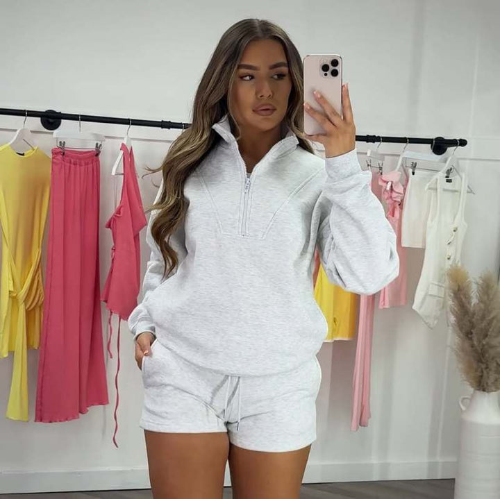 Damen nan lässiges Sweatshirt-Set mit halbem Reißverschluss, Kängurutasche und High-Waist-Shorts Echo Archiv