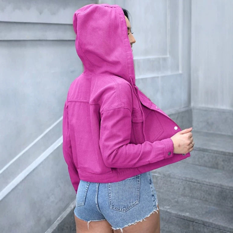 Damen Cropped Denim-Jacke mit Kapuze, Druckknopf-Front und taillenbetonter Passform Echo Archiv