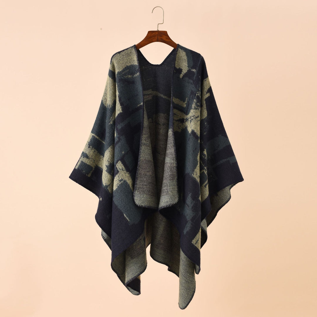 Damen Oversize-Umhangruana aus Wollmix mit abstraktem Jacquard und Zierstichkante – Célinea