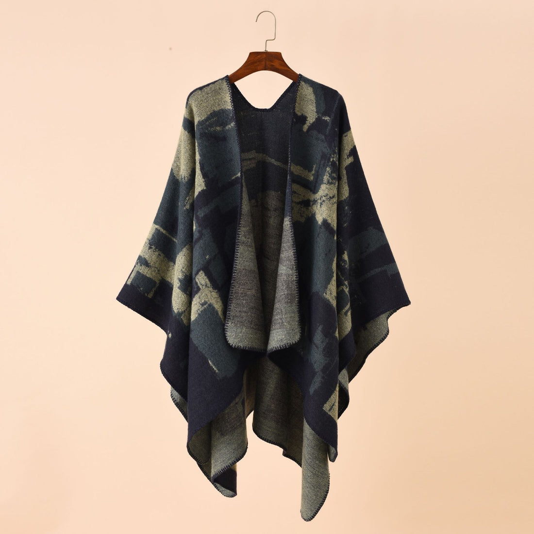 Damen Oversize-Umhangruana aus Wollmix mit abstraktem Jacquard und Zierstichkante – Célinea
