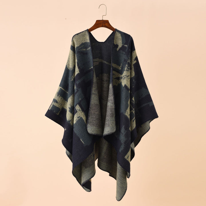 Damen Oversize-Umhangruana aus Wollmix mit abstraktem Jacquard und Zierstichkante – Célinea