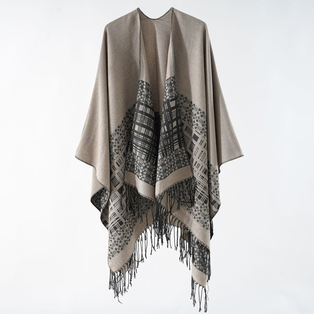 Damen Wollmix-Schulterponcho mit Jacquardmuster und Fransensaum – Célinea