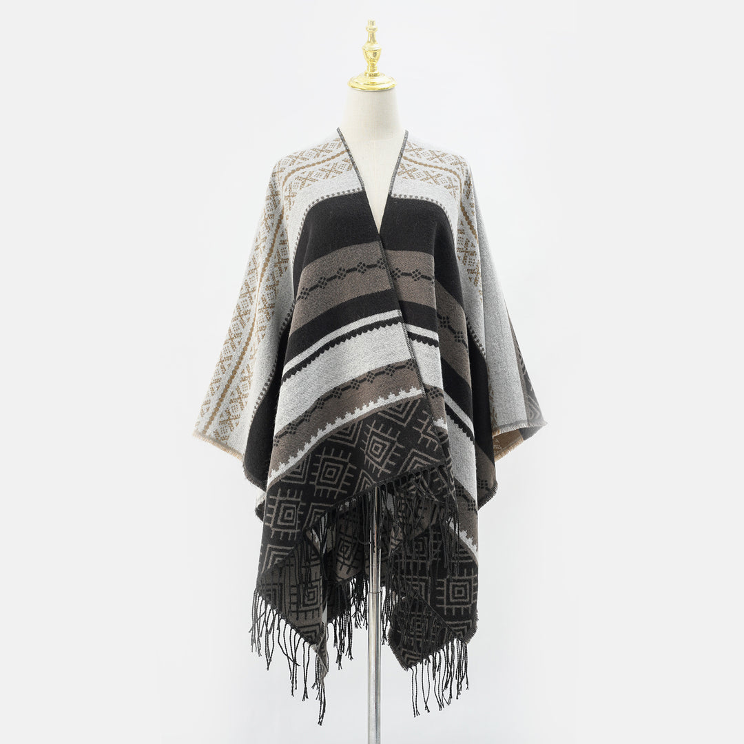 Damen Woven Jacquard-Poncho mit geometrischem Ethno-Muster und Fransensaum Echo Archiv