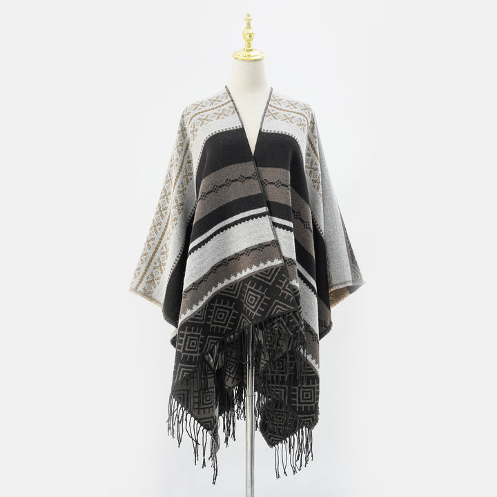 Damen Woven Jacquard-Poncho mit geometrischem Ethno-Muster und Fransensaum Echo Archiv