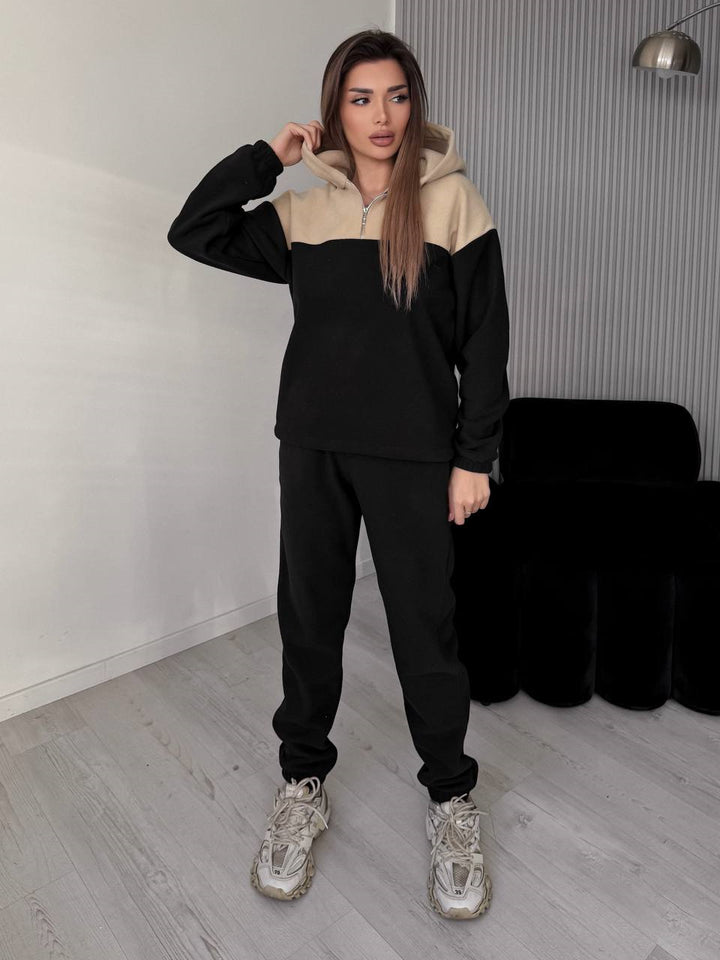 Damen Zweiteiliges Farbblock-Loungewear-Set mit halbem Reißverschluss und schmaler Jogginghose – Avérine