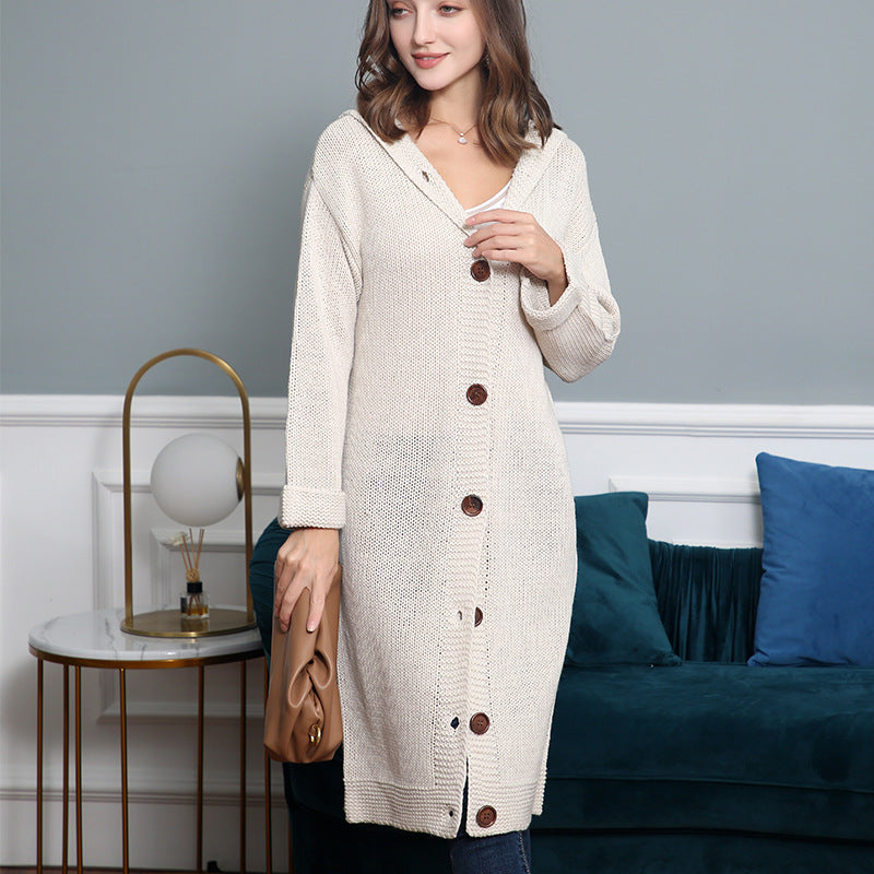 Damen Kapuzen-Longcardigan aus mitteldickem Rippstrick mit durchgehender Knopfleiste und lockerem Oversize-Schnitt Echo Archiv