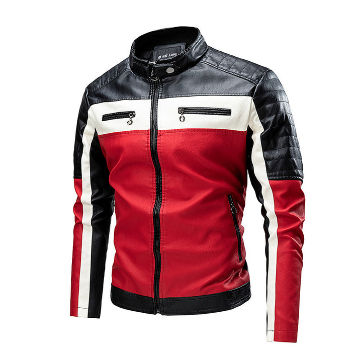 Herren Biker-Lederjacke im Retro-Rennstil mit Stehkragen und Kontraststreifen – Valtoré