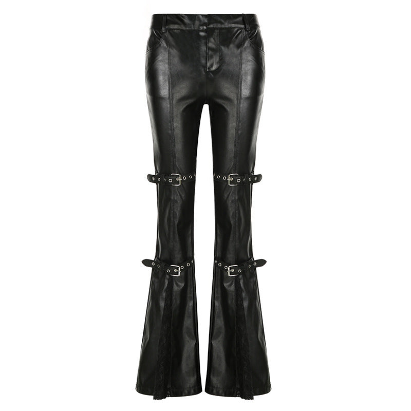 Damen Modische Kunstleder Flared Hose mit verstellbarem Bund Echo Archiv