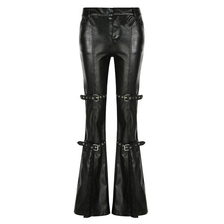 Damen Modische Kunstleder Flared Hose mit verstellbarem Bund Echo Archiv