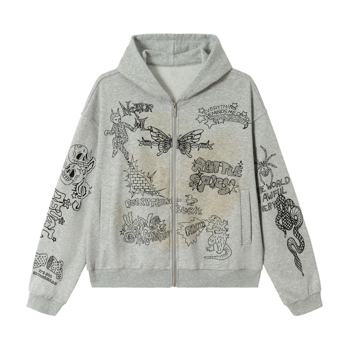 Damen Oversize-Kapuzenjacke mit Reißverschluss, hohem Kragen und grafischen Tattoo-Prints Echoarchiv