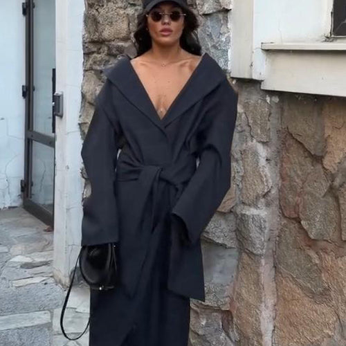 Damen Oversize Wickelmantel mit weitem Schalkragen und Bindegürtel Echoarchiv