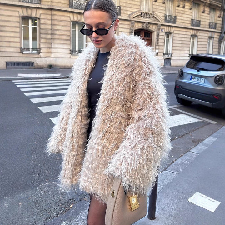 Damen Oversize lockiger Kunstpelz-Mantel im Shaggy‑Look Echoarchiv