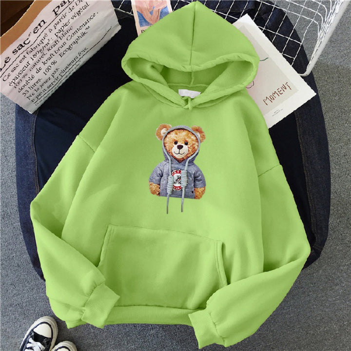 Unisex lässiger Oversize Kapuzenpullover mit Teddy-Frontprint, Kängurutasche und weichem Fleece-Innenfutter – Auréline
