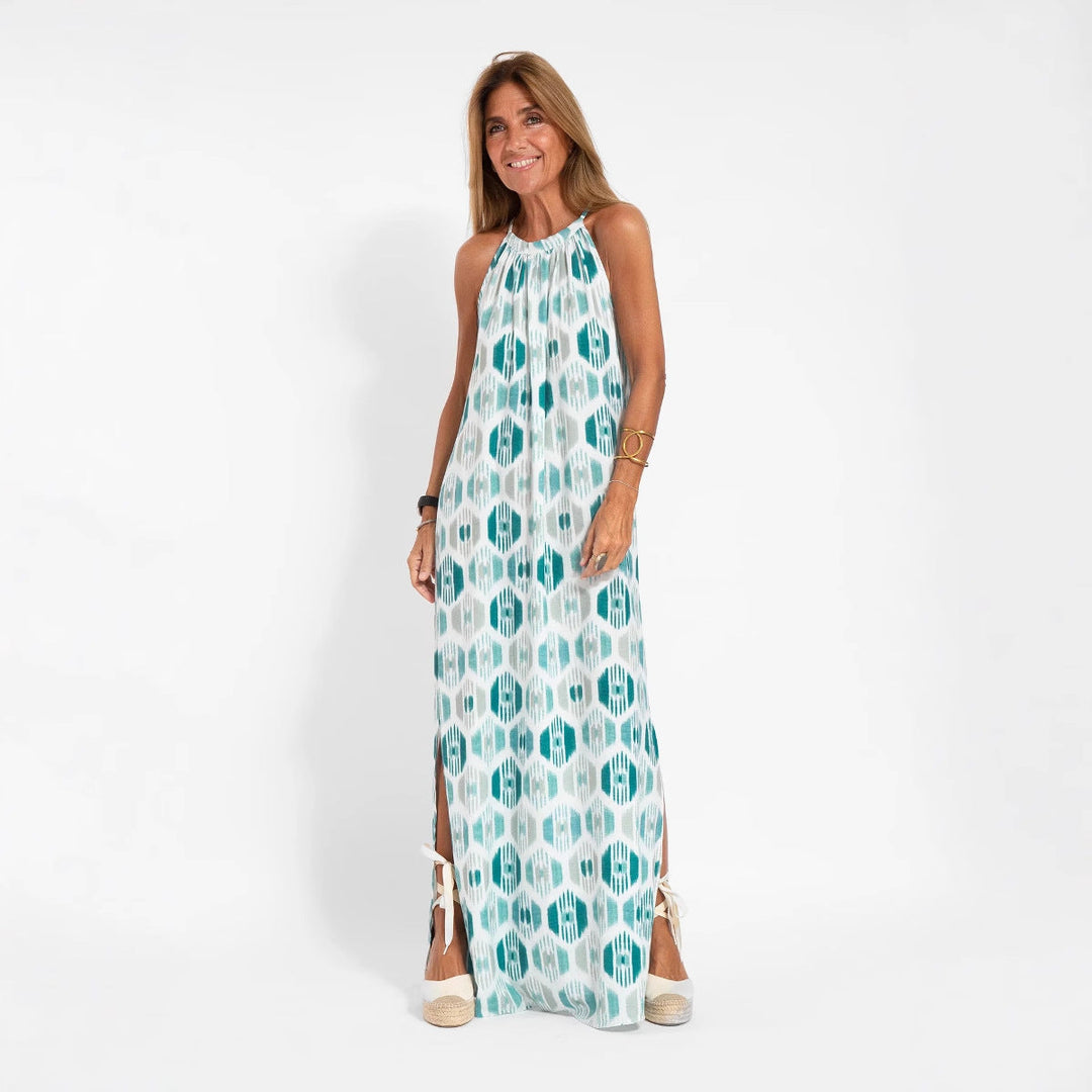 Damen Langes Leinenkleid mit schulterfreier Trägerkonstruktion und flirtendem Schlitz – Valéora